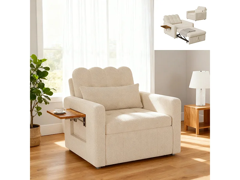 Fauteuil Convertible,Canapé-lit multifonctionnel 3 en 1,chaise longue,dossier réglable, table basse et Poche latérale , beige Chenille