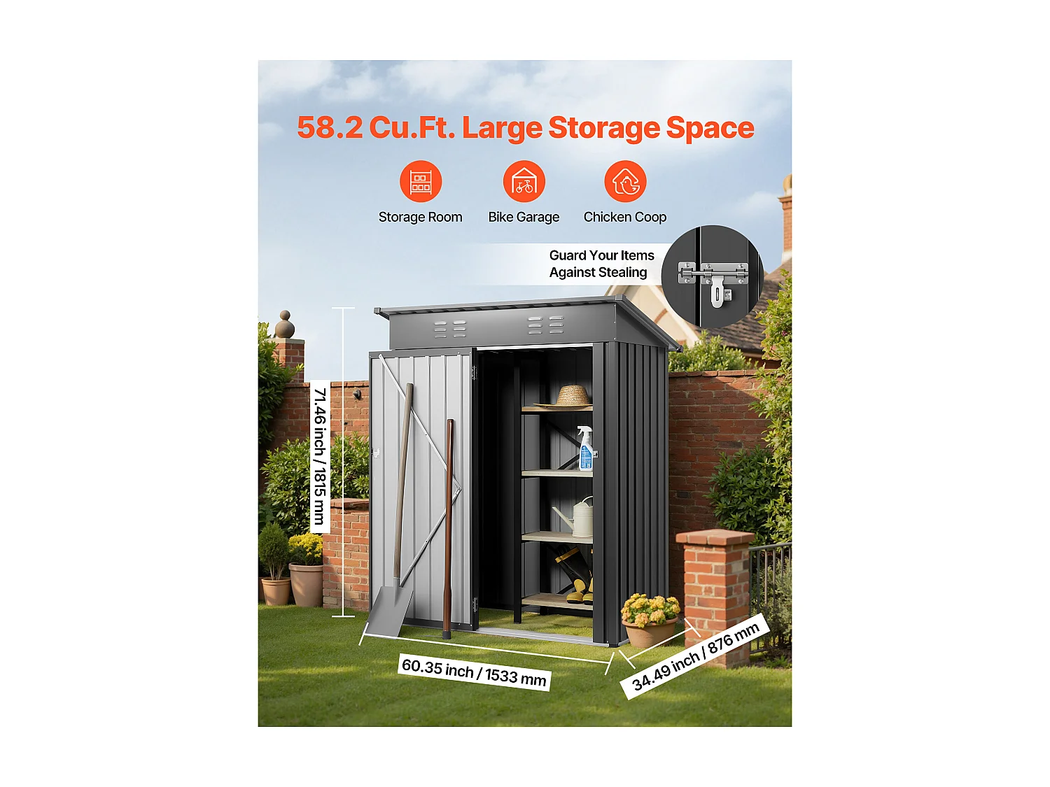 Abri de Jardin SucceBuy en Métal, 153,3 x 87,6 cm, Abri de Rangement d’Extérieur, avec Porte Verrouillable, Toit en Pente, Cabine de Jardin, Gris