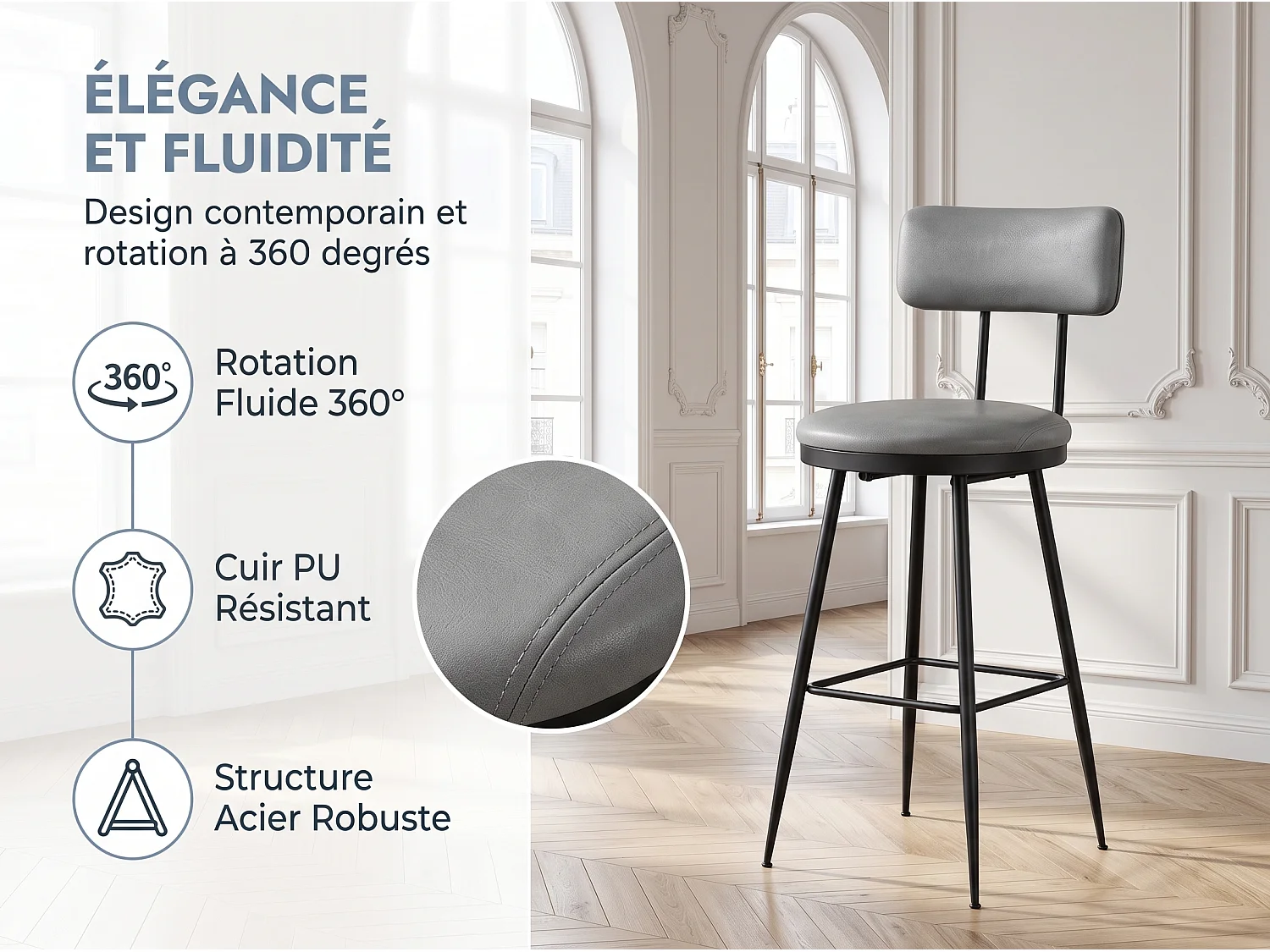 Lot de 2 tabourets de bar - chaises îlot central - montage facile - 85x34 cm - PU - gris