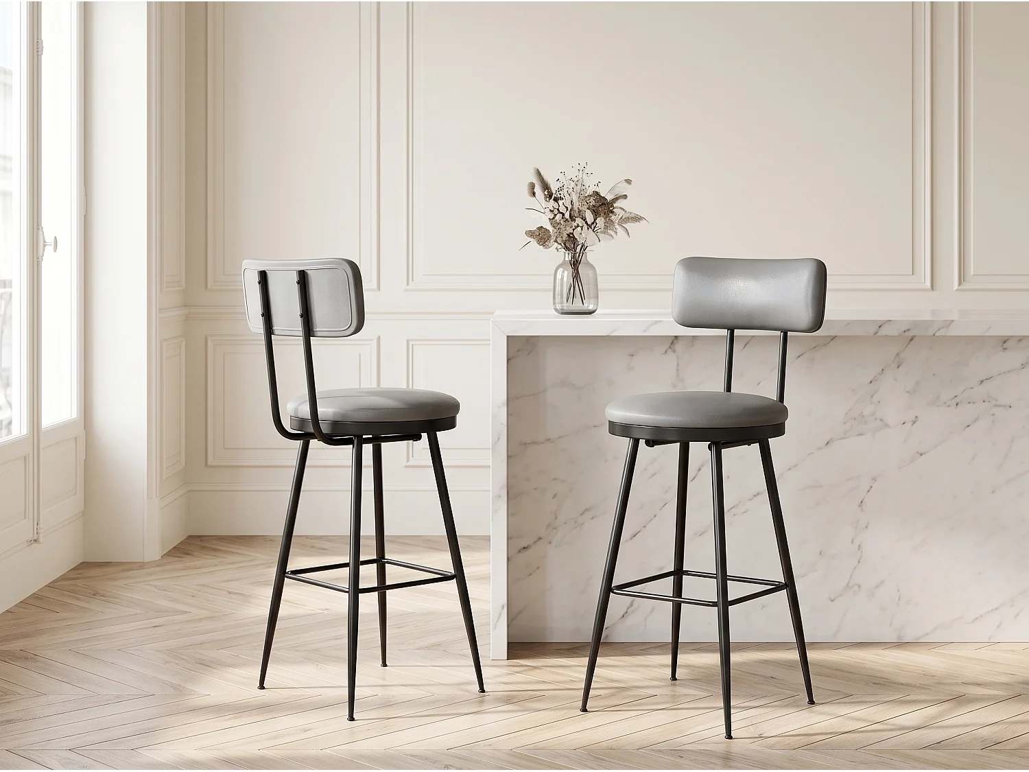 Lot de 2 tabourets de bar - chaises îlot central - montage facile - 85x34 cm - PU - gris
