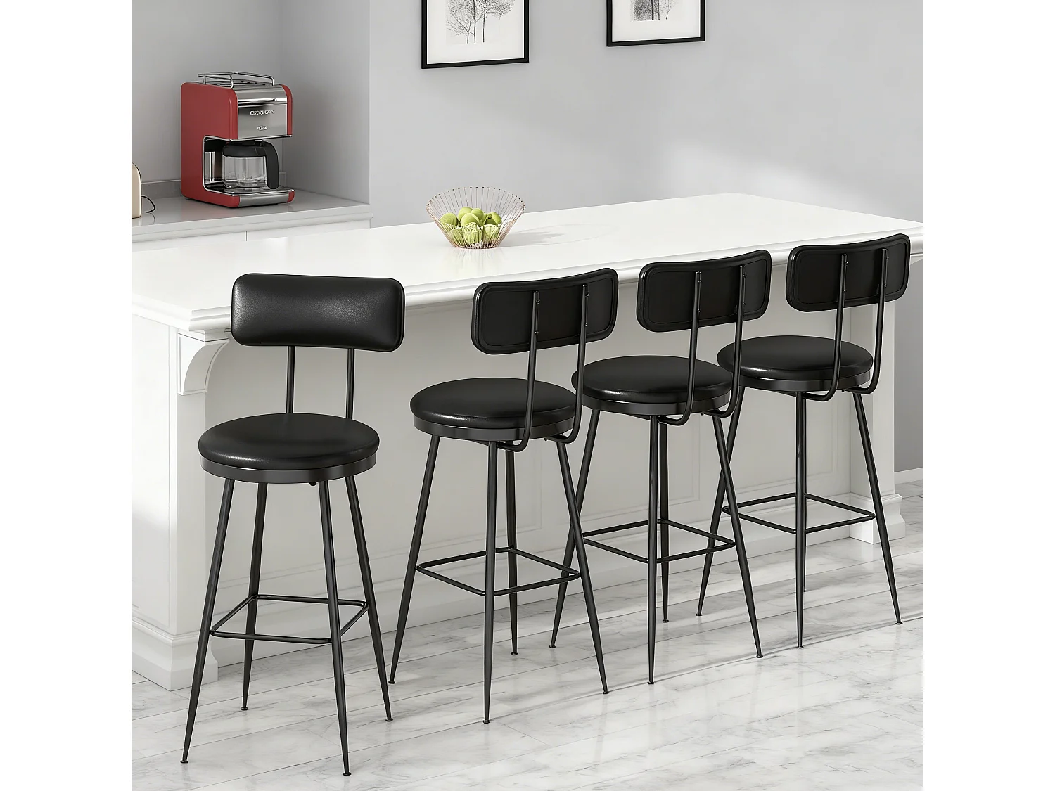 Lot de 4 tabourets de bar - chaises îlot central - montage facile - 85x34 cm - PU - noir