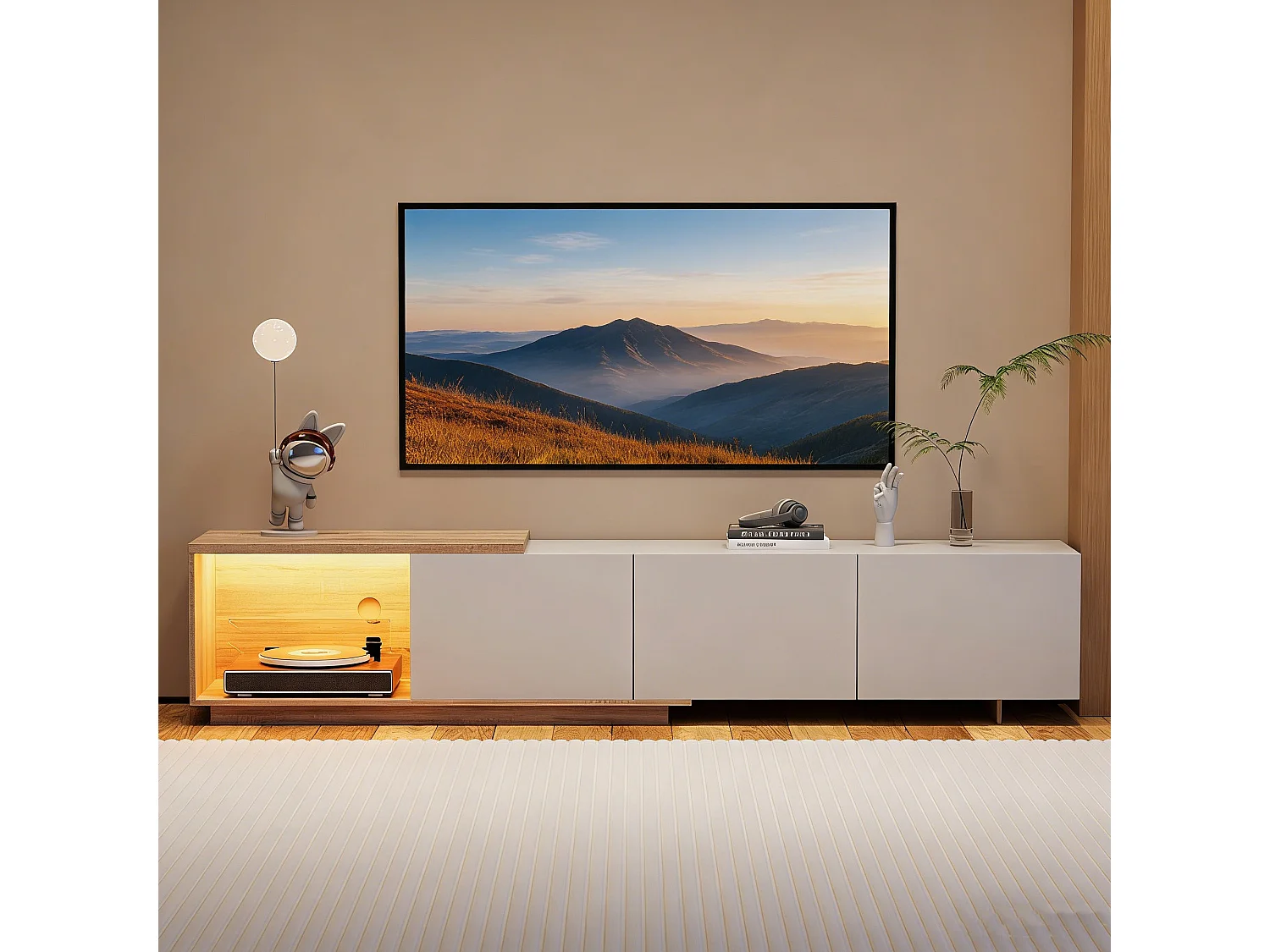Meuble TV avec 3 tiroirs et 1 niche - LED - MDF- 2 façons d'utilisation -Blanc et naturel