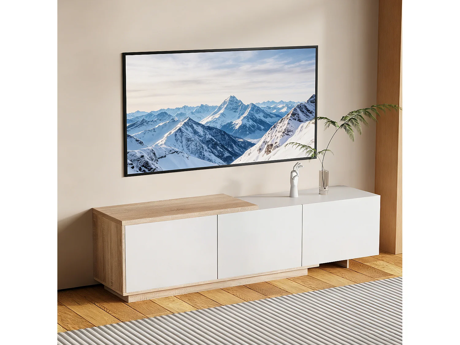 Meuble TV LED avec 3 tiroirs et 1 niche ouverte – Structure en MDF, utilisation modulable en 2 configurations, blanc et bois naturel