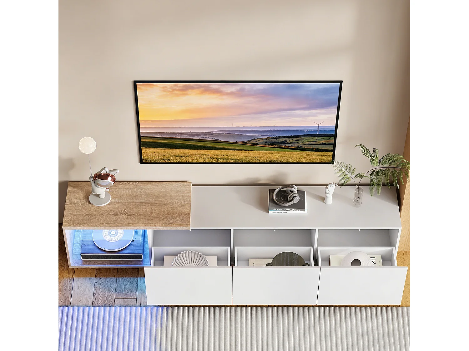 Meuble TV LED avec 3 tiroirs et 1 niche ouverte – Structure en MDF, utilisation modulable en 2 configurations, blanc et bois naturel