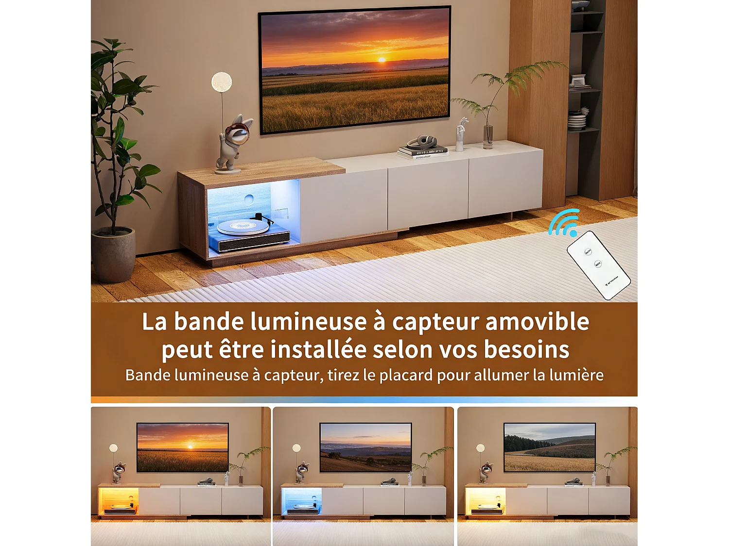Meuble TV LED avec 3 tiroirs et 1 niche ouverte – Structure en MDF, utilisation modulable en 2 configurations, blanc et bois naturel