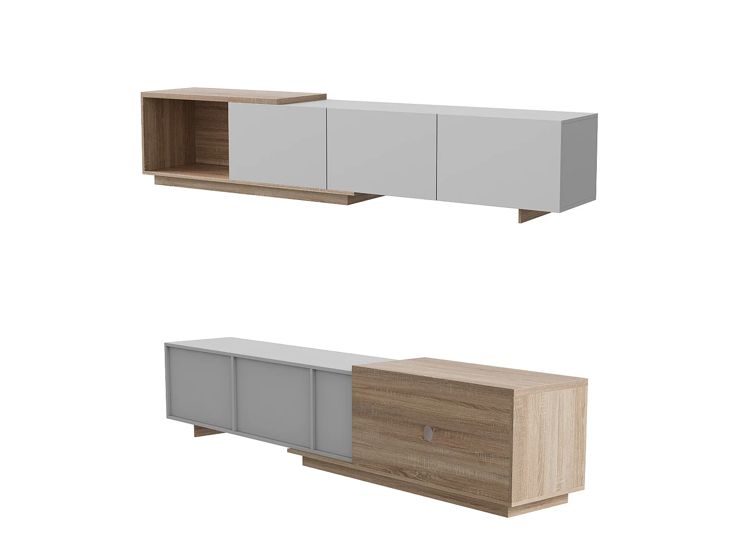 Meuble TV LED avec 3 tiroirs et 1 niche ouverte – Structure en MDF, utilisation modulable en 2 configurations, blanc et bois naturel