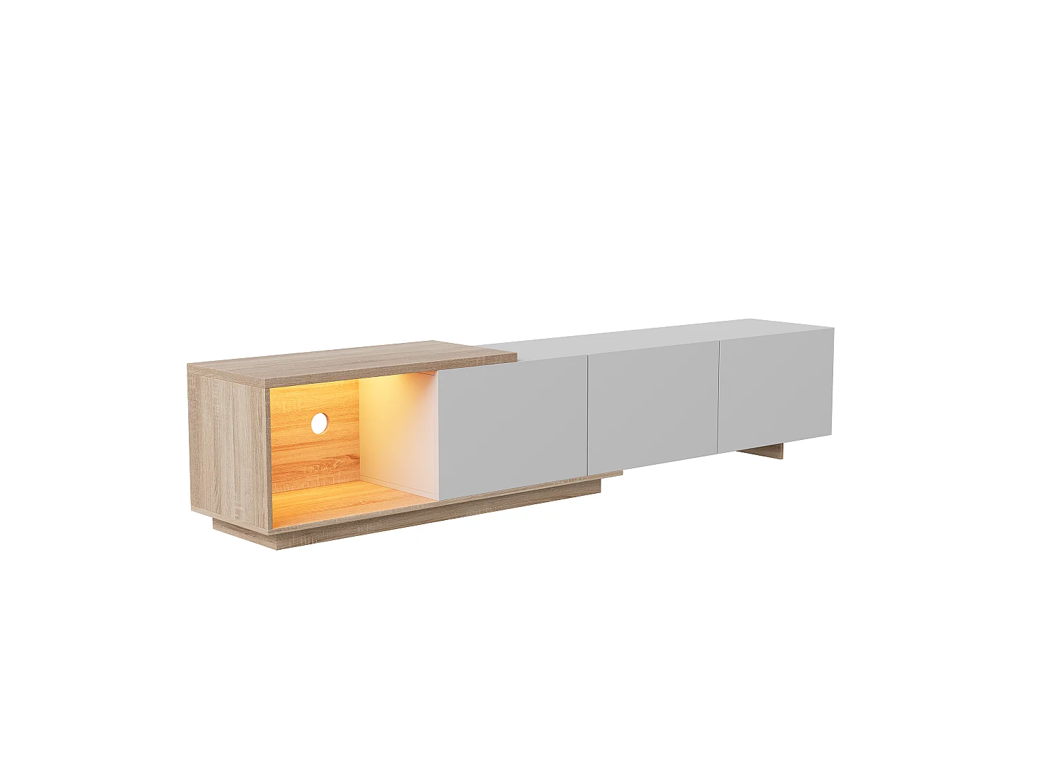 Meuble TV LED avec 3 tiroirs et 1 niche ouverte – Structure en MDF, utilisation modulable en 2 configurations, blanc et bois naturel