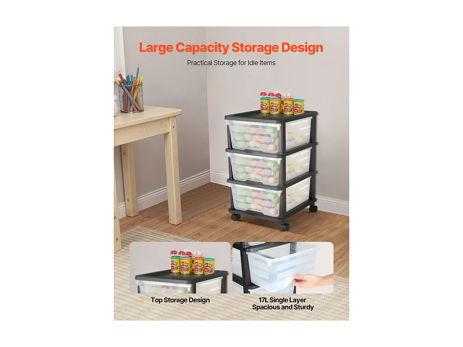 Carrito de Almacenamiento SucceBuy con 3 Cajones de Plástico, Torre de Almacenamiento con Ruedas, Bandeja Transparente para Suministros de Oficina