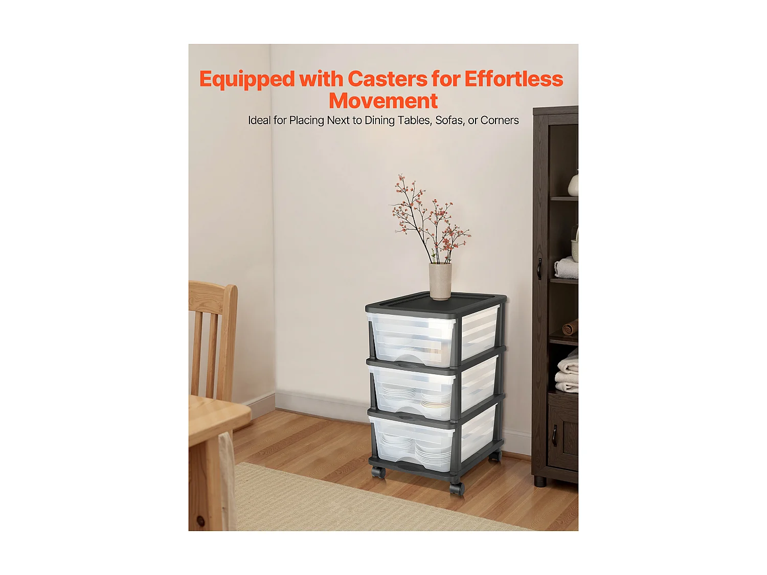 Carrito de Almacenamiento SucceBuy con 3 Cajones de Plástico, Torre de Almacenamiento con Ruedas, Bandeja Transparente para Suministros de Oficina