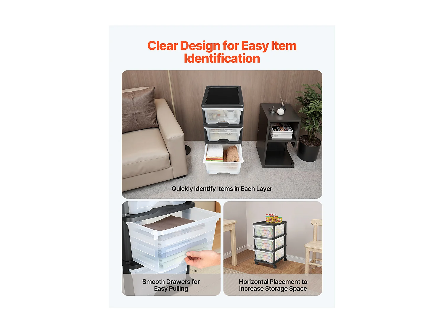 Carrito de Almacenamiento SucceBuy con 3 Cajones de Plástico, Torre de Almacenamiento con Ruedas, Bandeja Transparente para Suministros de Oficina