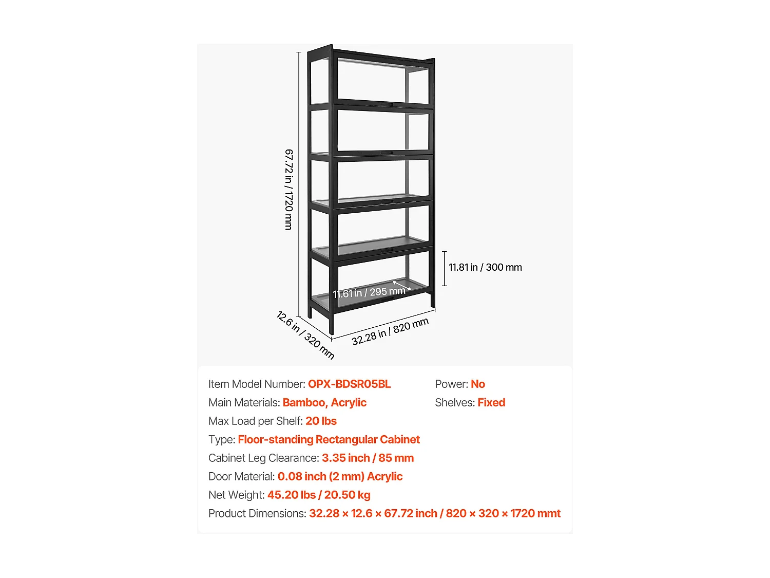 Vitrina SucceBuy para Colección con Puertas de Acrílico, Armario de Presentación 172 cm de Alto y 5 Niveles, Exhibidor para Antigüedades en Madera Natural