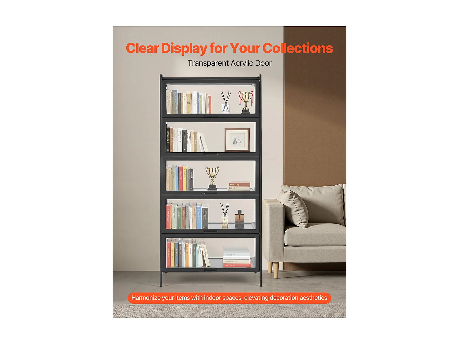 Vitrina SucceBuy para Colección con Puertas de Acrílico, Armario de Presentación 172 cm de Alto y 5 Niveles, Exhibidor para Antigüedades en Madera Natural