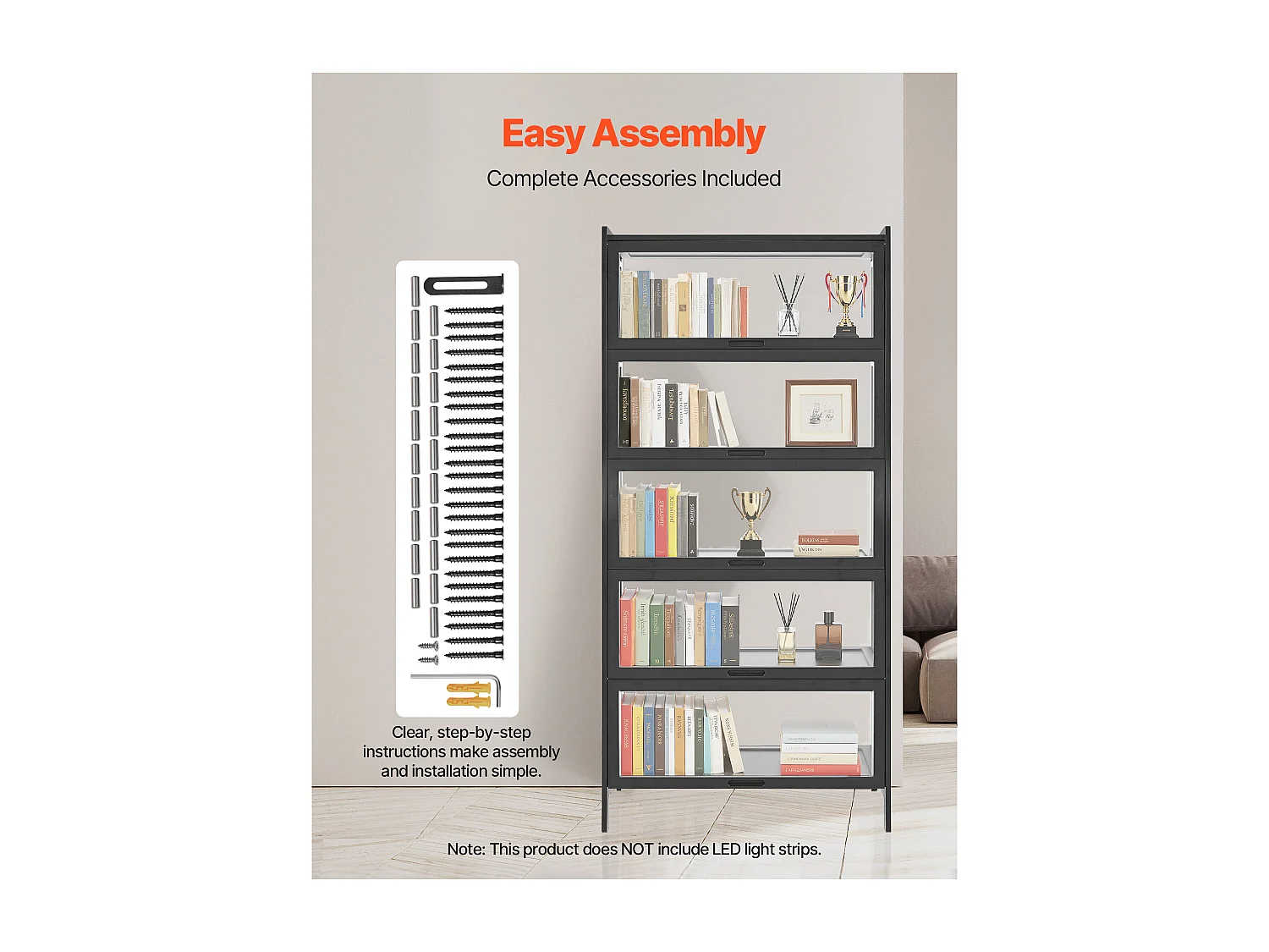 Vitrina SucceBuy para Colección con Puertas de Acrílico, Armario de Presentación 172 cm de Alto y 5 Niveles, Exhibidor para Antigüedades en Madera Natural