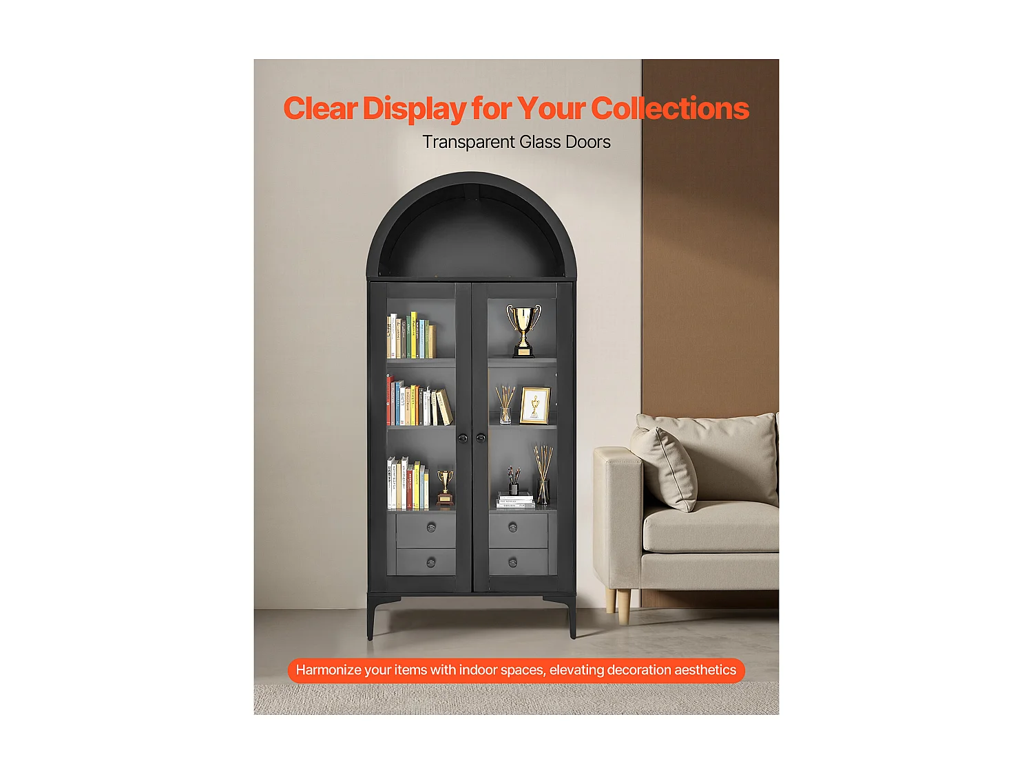 Vitrine SucceBuy pour Collection Arquée avec Portes Vitrées, Armoire de Présentation 179 cm de Haut, Présentoir pour Antiquités à 4 Niveaux avec 2 Étagères