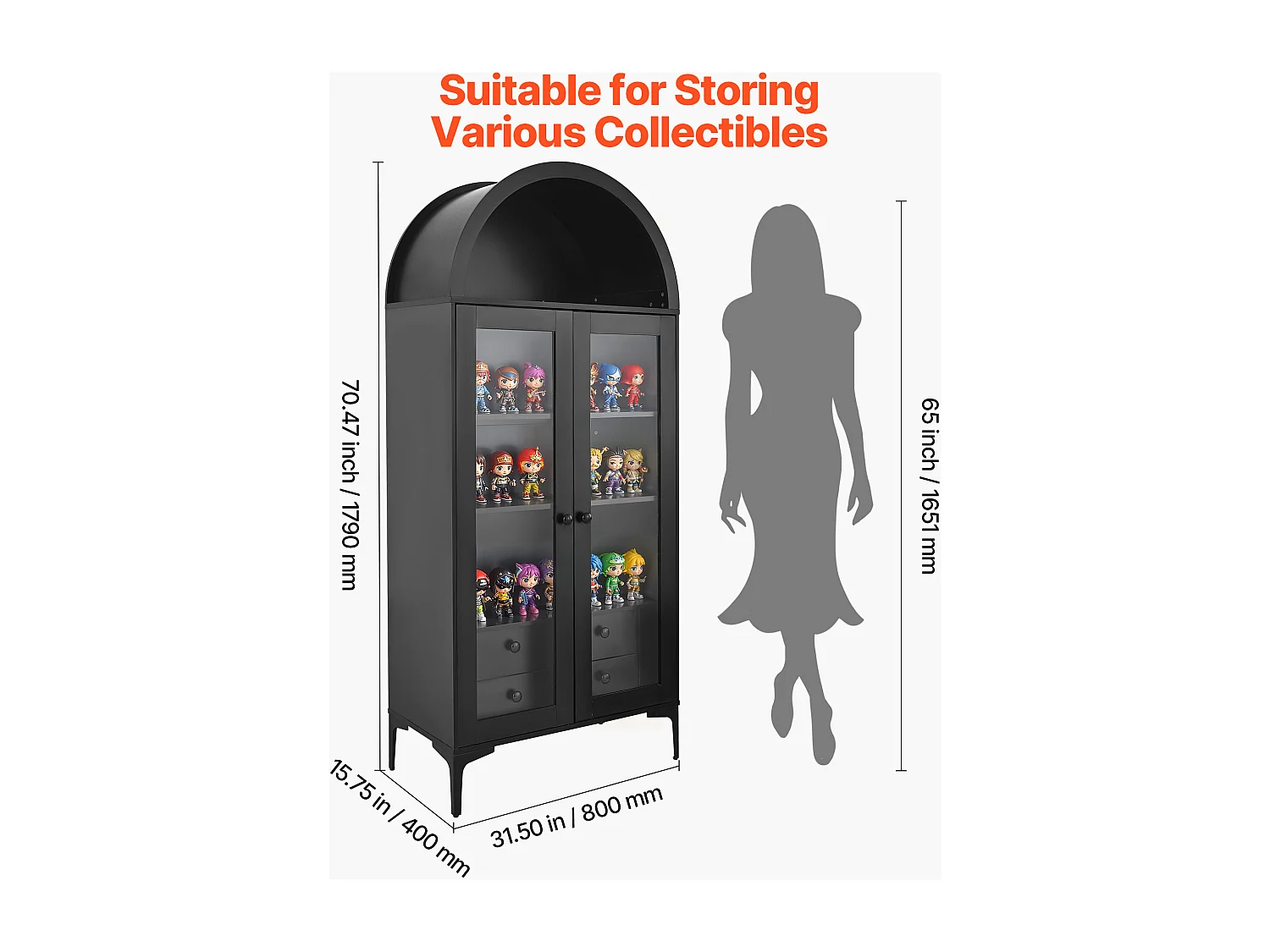 Vitrine SucceBuy pour Collection Arquée avec Portes Vitrées, Armoire de Présentation 179 cm de Haut, Présentoir pour Antiquités à 4 Niveaux avec 2 Étagères