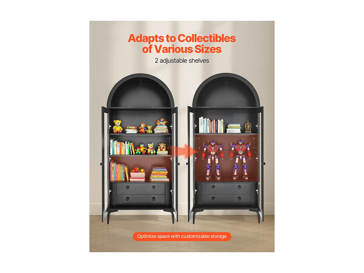 Vitrine SucceBuy pour Collection Arquée avec Portes Vitrées, Armoire de Présentation 179 cm de Haut, Présentoir pour Antiquités à 4 Niveaux avec 2 Étagères