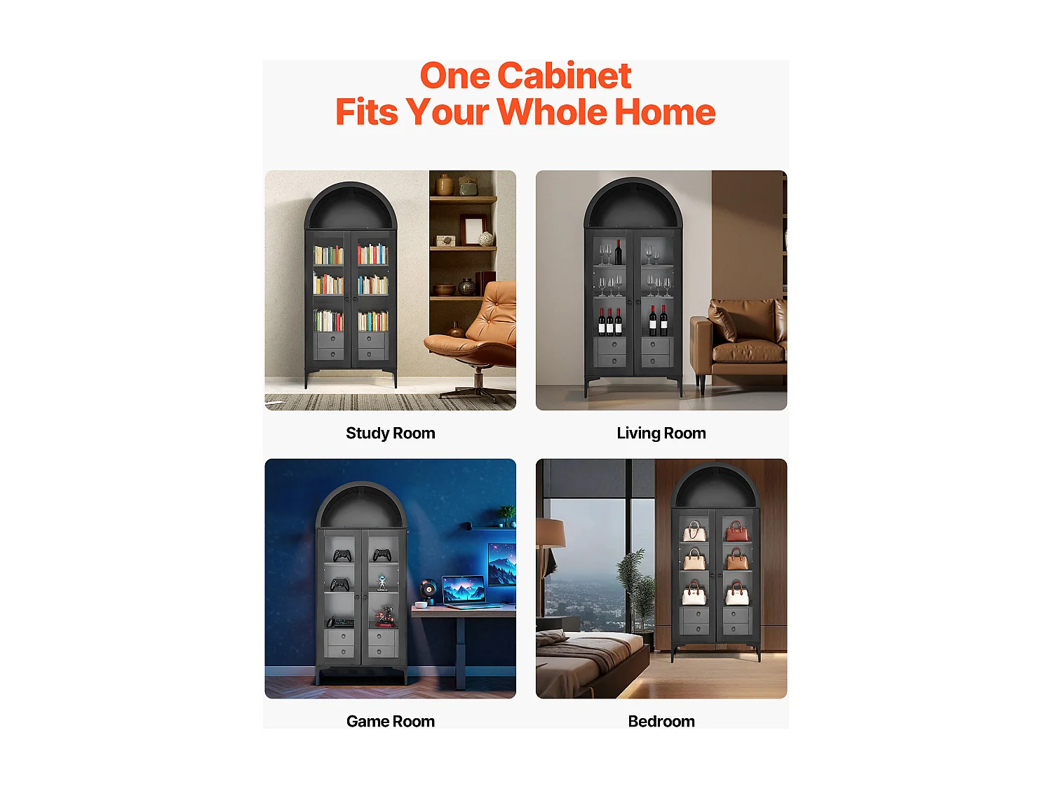 Vitrine SucceBuy pour Collection Arquée avec Portes Vitrées, Armoire de Présentation 179 cm de Haut, Présentoir pour Antiquités à 4 Niveaux avec 2 Étagères