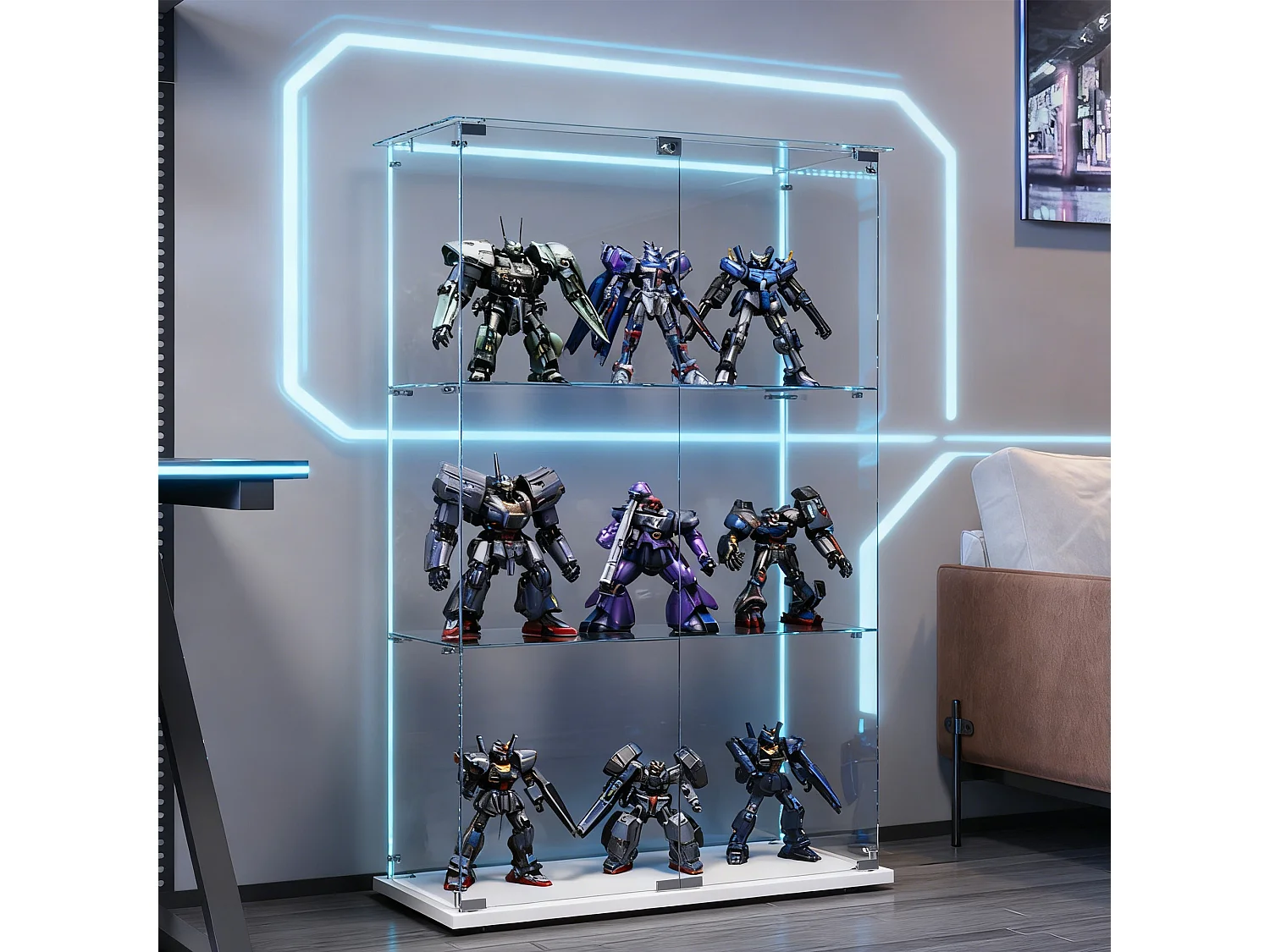 Vitrine en Verre à 3 étagères avec 2 Porte - Armoire pour collection avec LED - verre trempé transparent haute définition avec serrure - blanc