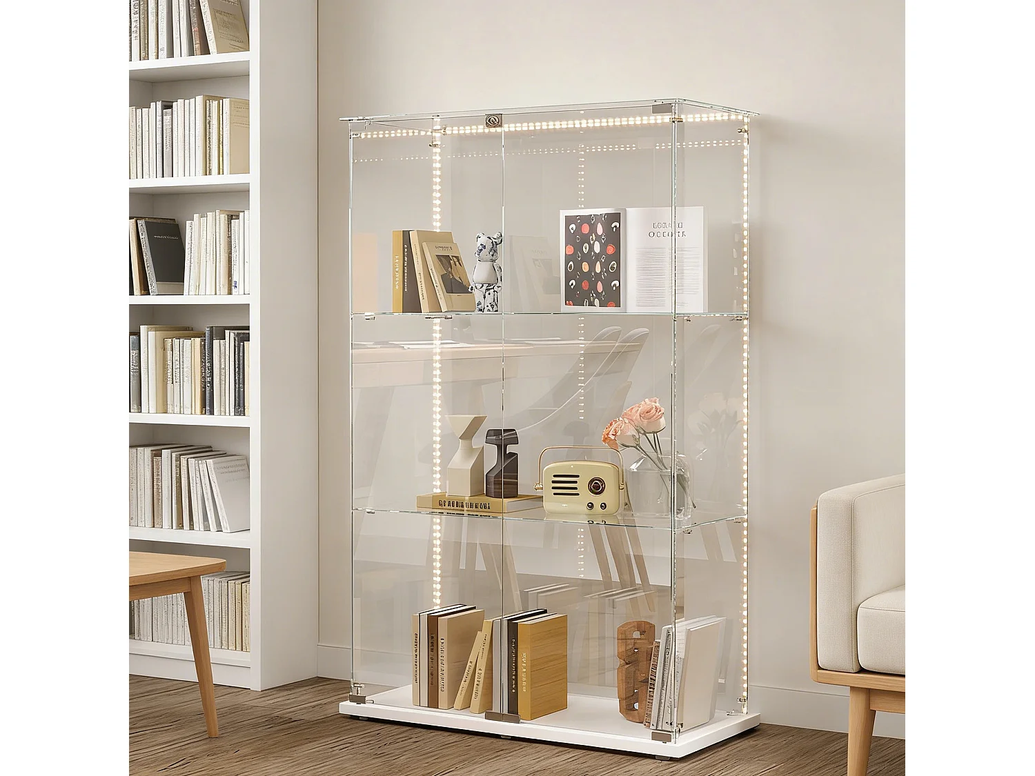 Vitrine en Verre à 3 étagères avec 2 Porte - Armoire pour collection avec LED - verre trempé transparent haute définition avec serrure - blanc