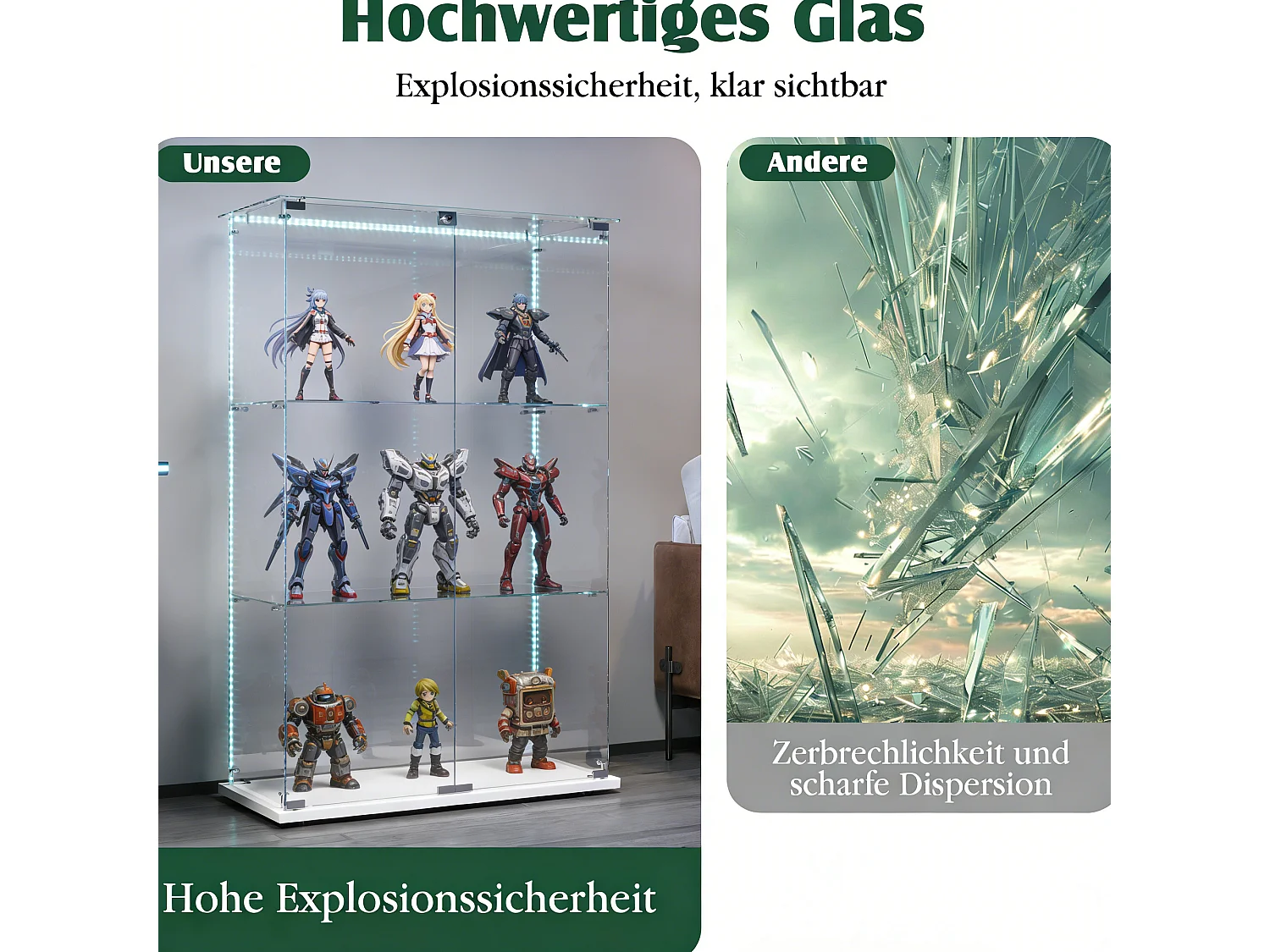 Vitrine en Verre à 3 étagères avec 2 Porte - Armoire pour collection avec LED - verre trempé transparent haute définition avec serrure - blanc