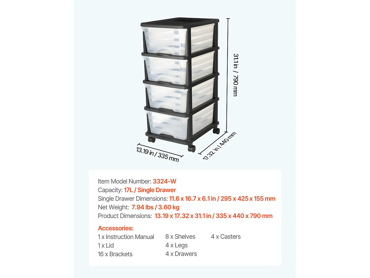 Carrito de Almacenamiento SucceBuy con 4 Cajones de Plástico, Torre de Almacenamiento con Ruedas, Bandeja Transparente para Suministros de Oficina