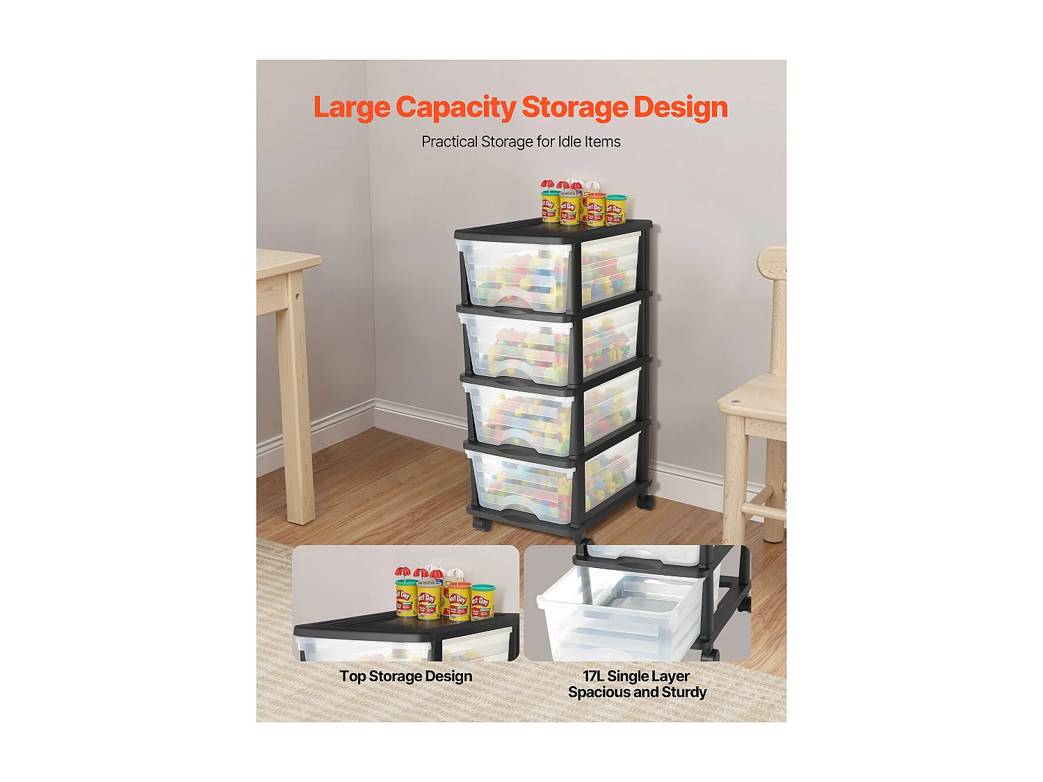 Carrito de Almacenamiento SucceBuy con 4 Cajones de Plástico, Torre de Almacenamiento con Ruedas, Bandeja Transparente para Suministros de Oficina