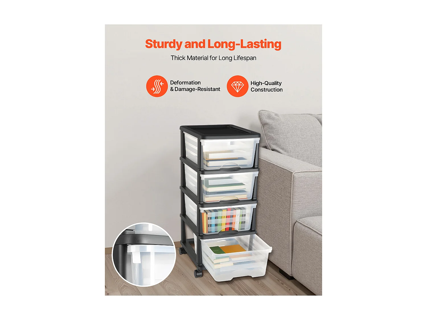 Carrito de Almacenamiento SucceBuy con 4 Cajones de Plástico, Torre de Almacenamiento con Ruedas, Bandeja Transparente para Suministros de Oficina