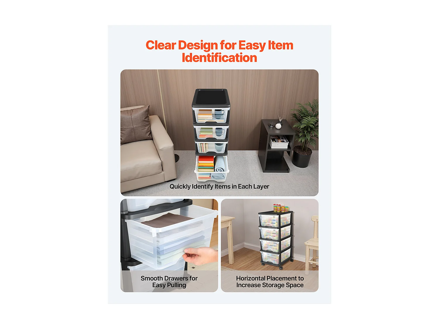 Carrito de Almacenamiento SucceBuy con 4 Cajones de Plástico, Torre de Almacenamiento con Ruedas, Bandeja Transparente para Suministros de Oficina