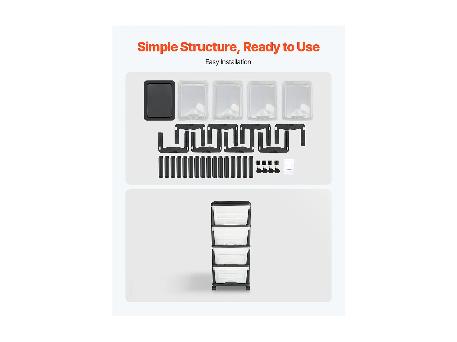 Carrito de Almacenamiento SucceBuy con 4 Cajones de Plástico, Torre de Almacenamiento con Ruedas, Bandeja Transparente para Suministros de Oficina
