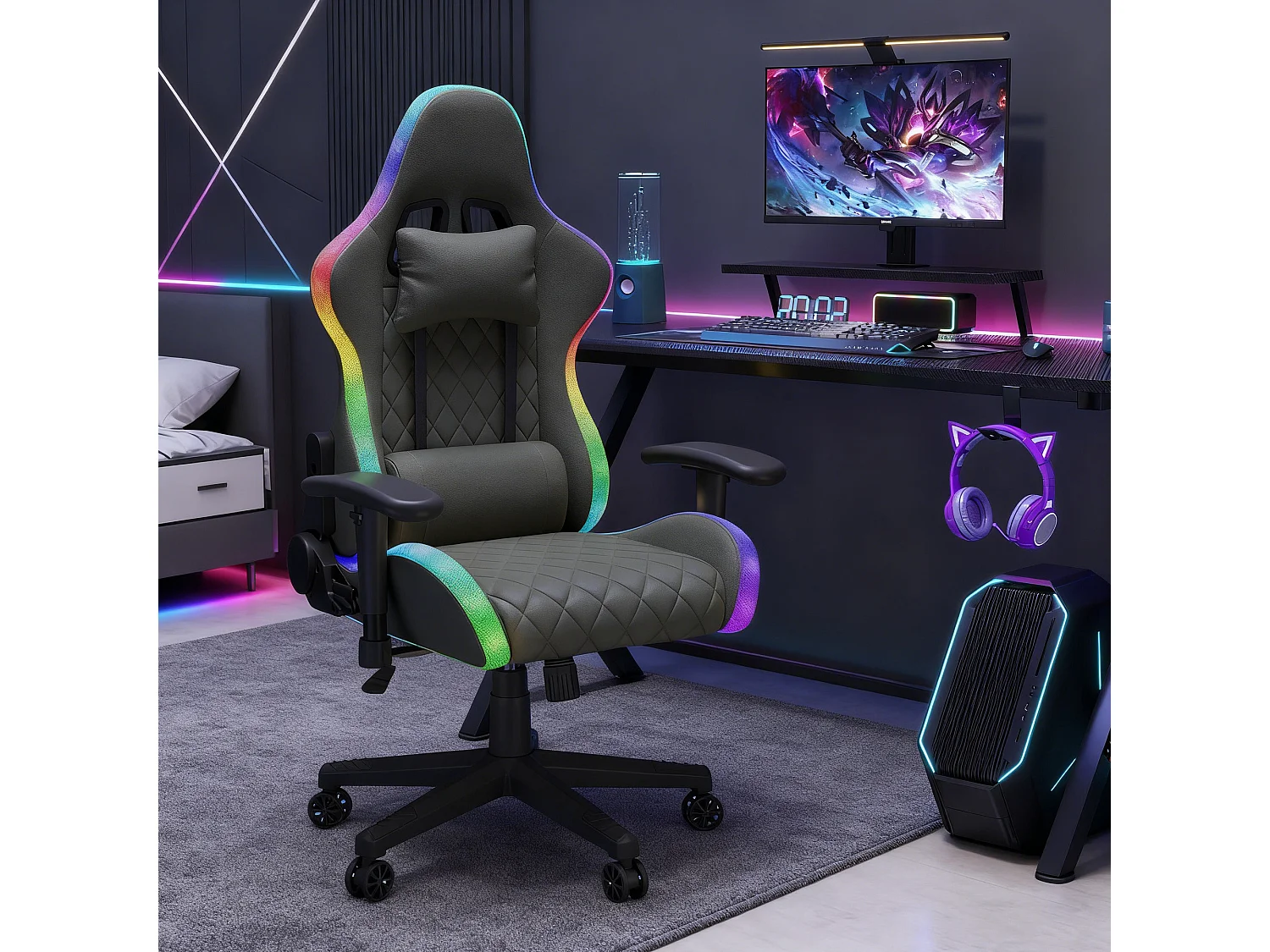Chaise de jeu avec lumières LED RGB - Chaise Gaming avec massage lombaire - Dossier Réglable de 90° à 135° - Chaise de bureau de style racing - pu - noir