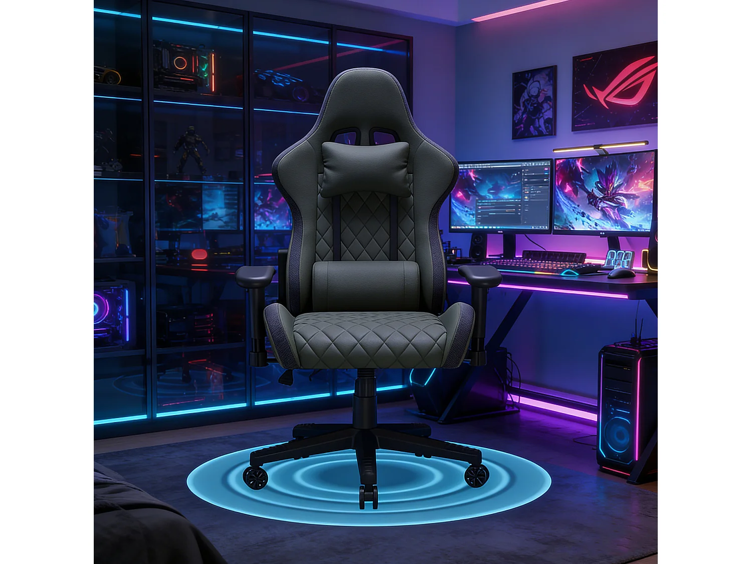 Chaise de jeu avec lumières LED RGB - Chaise Gaming avec massage lombaire - Dossier Réglable de 90° à 135° - Chaise de bureau de style racing - pu - noir