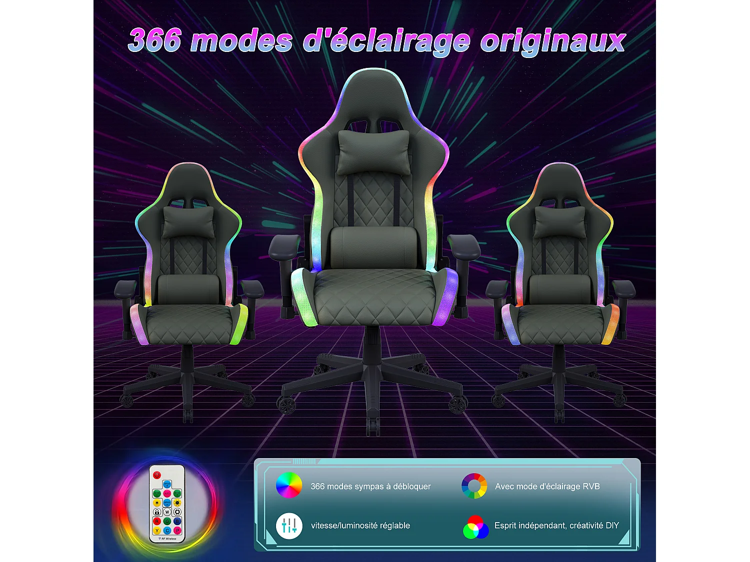 Chaise de jeu avec lumières LED RGB - Chaise Gaming avec massage lombaire - Dossier Réglable de 90° à 135° - Chaise de bureau de style racing - pu - noir