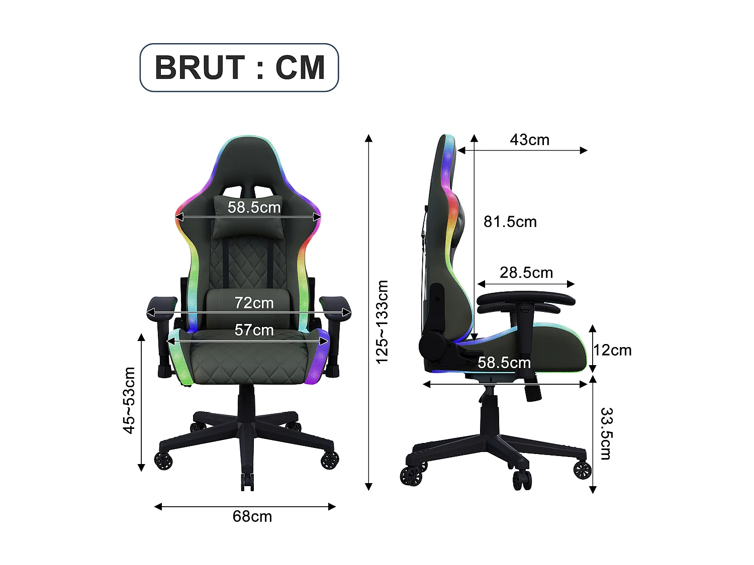 Chaise de jeu avec lumières LED RGB - Chaise Gaming avec massage lombaire - Dossier Réglable de 90° à 135° - Chaise de bureau de style racing - pu - noir