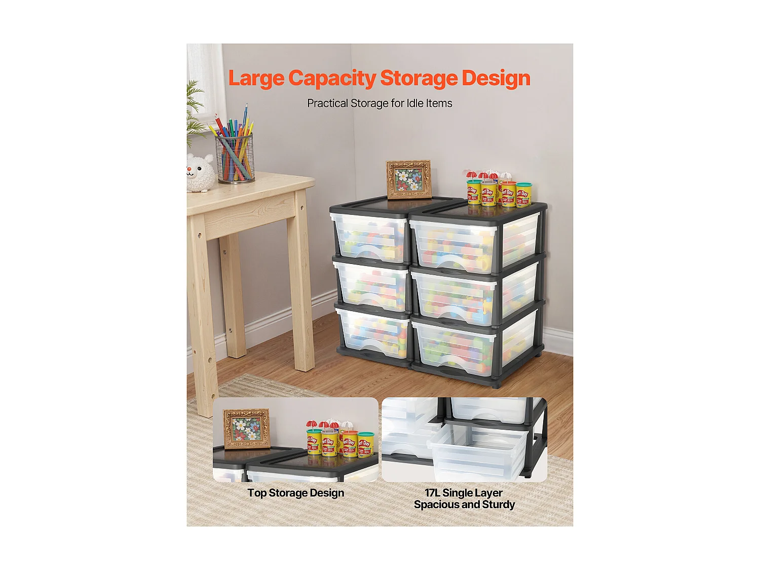 Cajones de Almacenamiento SucceBuy de Plástico, Lote de 2, Torre de Almacenamiento de 6 Cajones,  Bandejas Transparentes para Suministros de Oficina