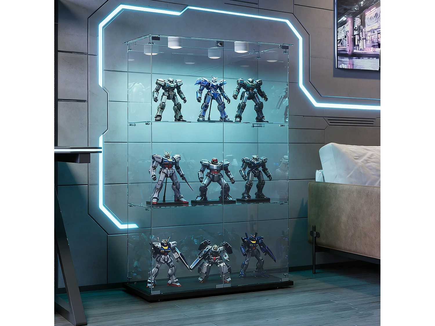 Vitrine en Verre avec Éclairage LED - Vitrine Armoire pour Collection à 3 étagères avec 2 Porte - verre trempé transparent haute définition avec serrure - Noir