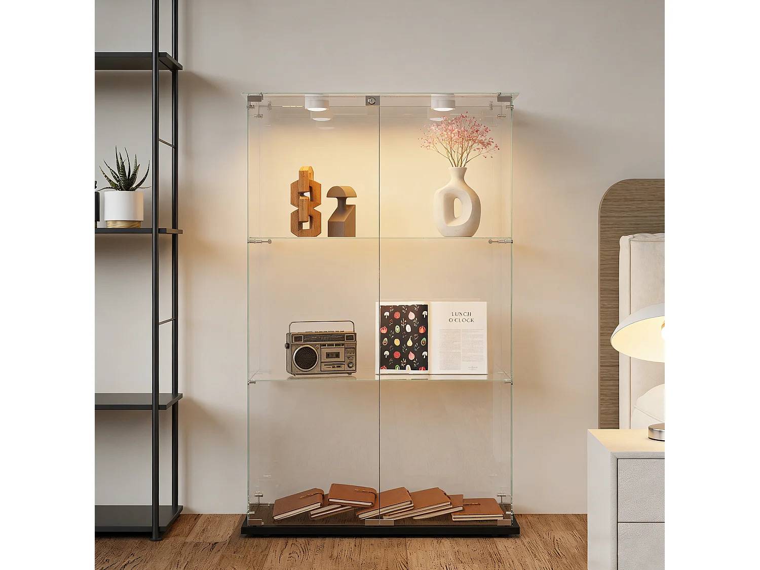 Vitrine en Verre avec Éclairage LED - Vitrine Armoire pour Collection à 3 étagères avec 2 Porte - verre trempé transparent haute définition avec serrure - Noir
