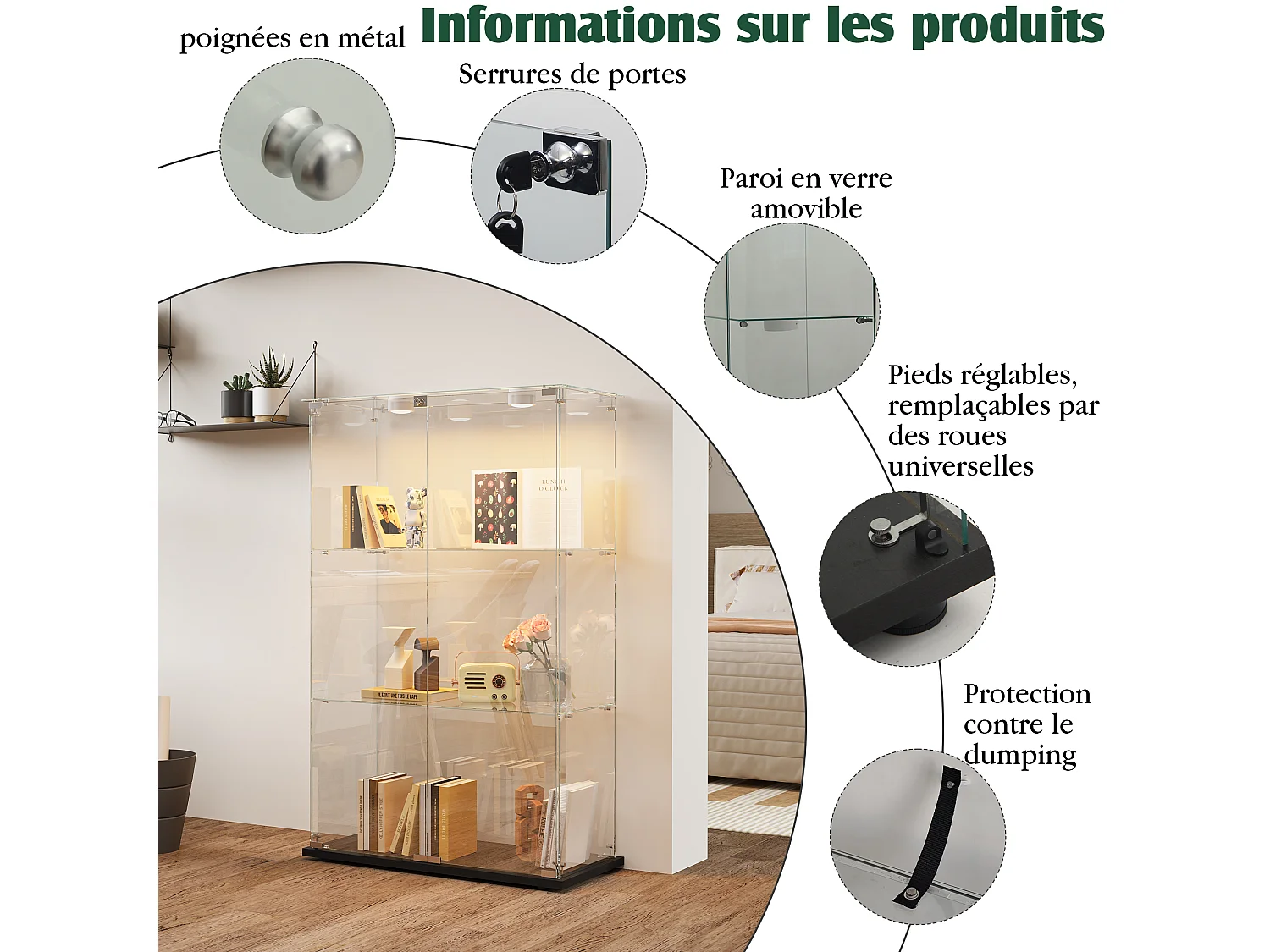 Vitrine en Verre avec Éclairage LED - Vitrine Armoire pour Collection à 3 étagères avec 2 Porte - verre trempé transparent haute définition avec serrure - Noir