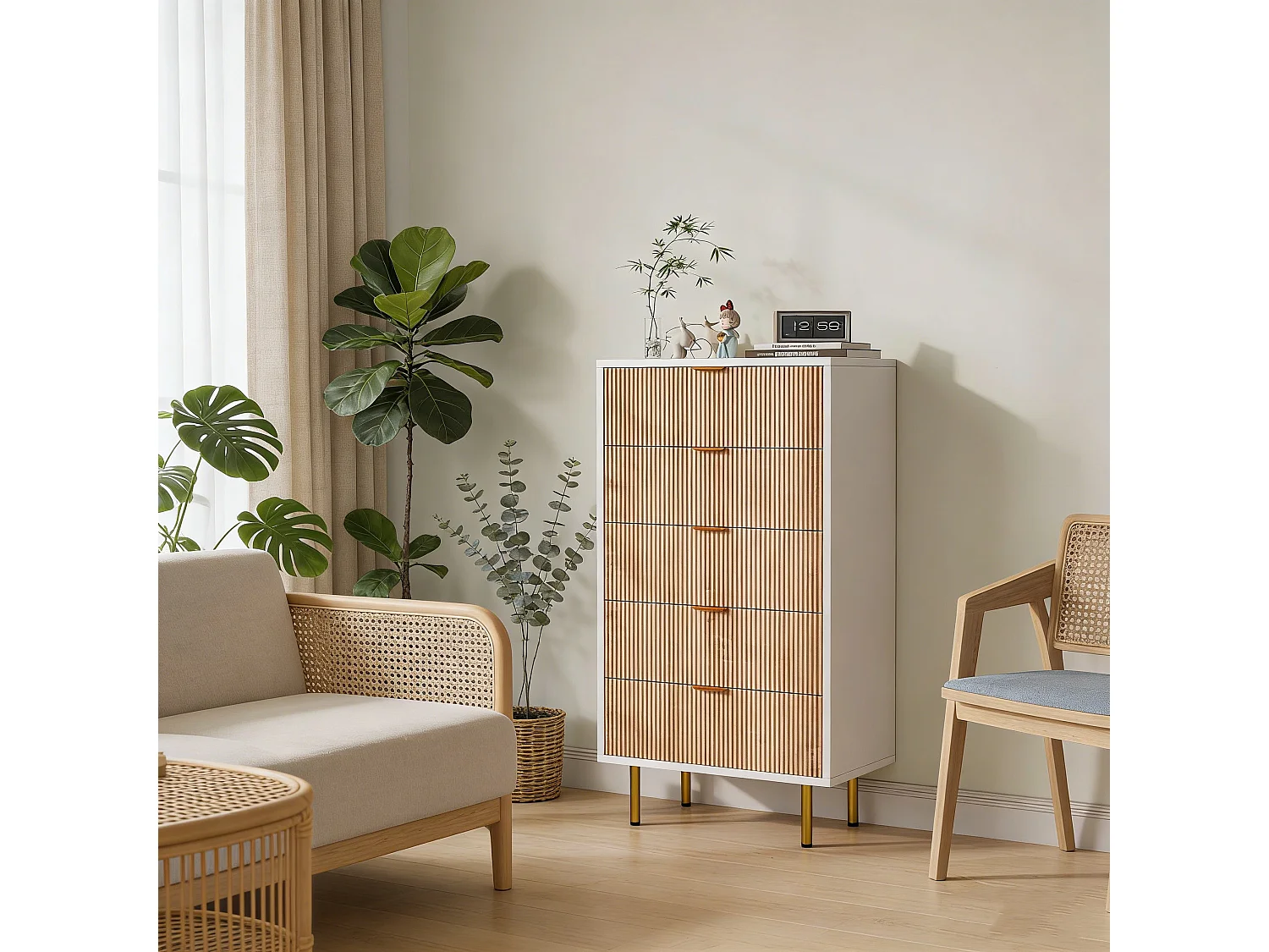 Commode 5  Effet Bois, style scandinave, 5 tiroirs, couleur bois naturel et blanc, 109x34x60 cm