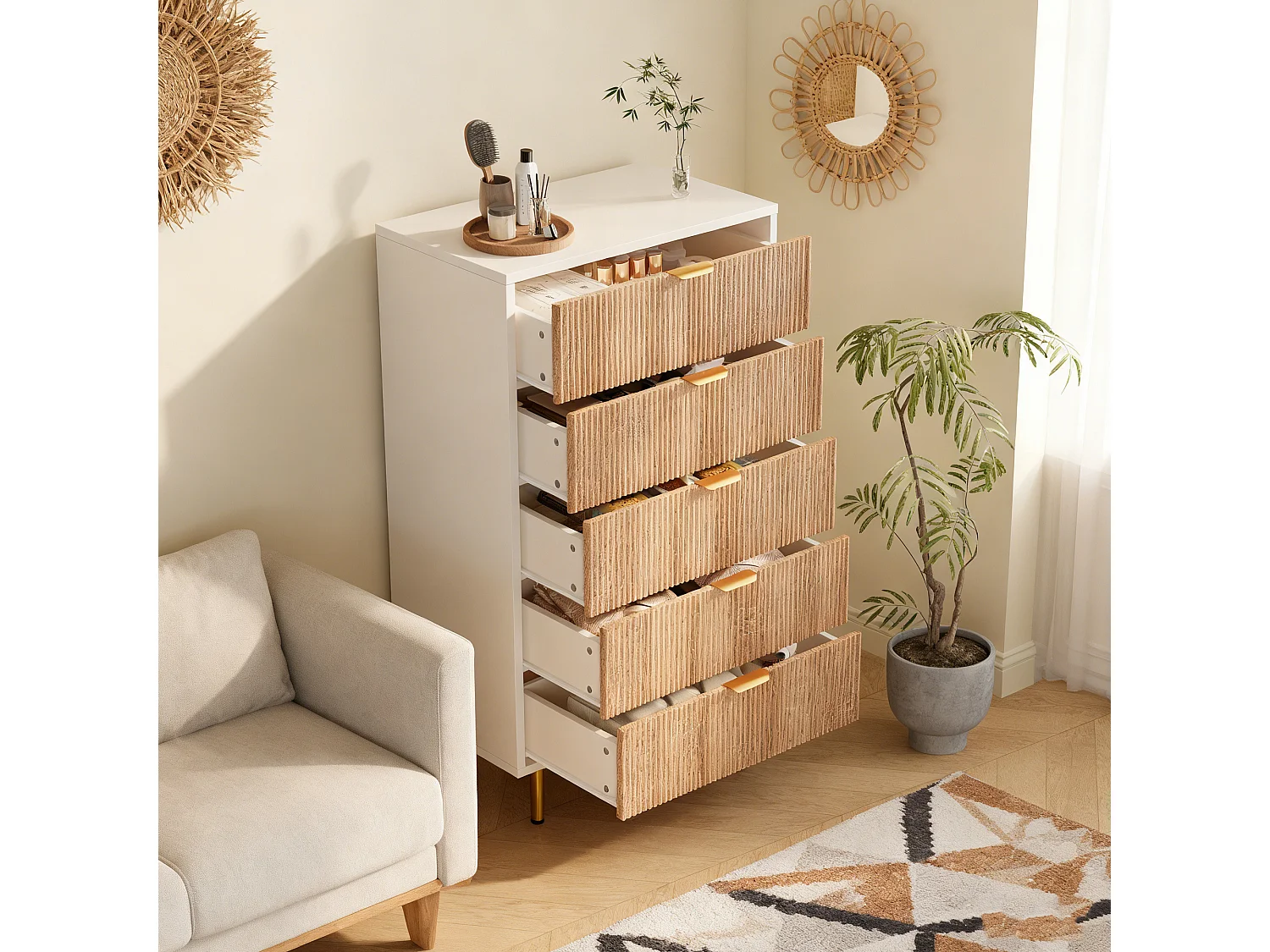 Commode 5  Effet Bois, style scandinave, 5 tiroirs, couleur bois naturel et blanc, 109x34x60 cm