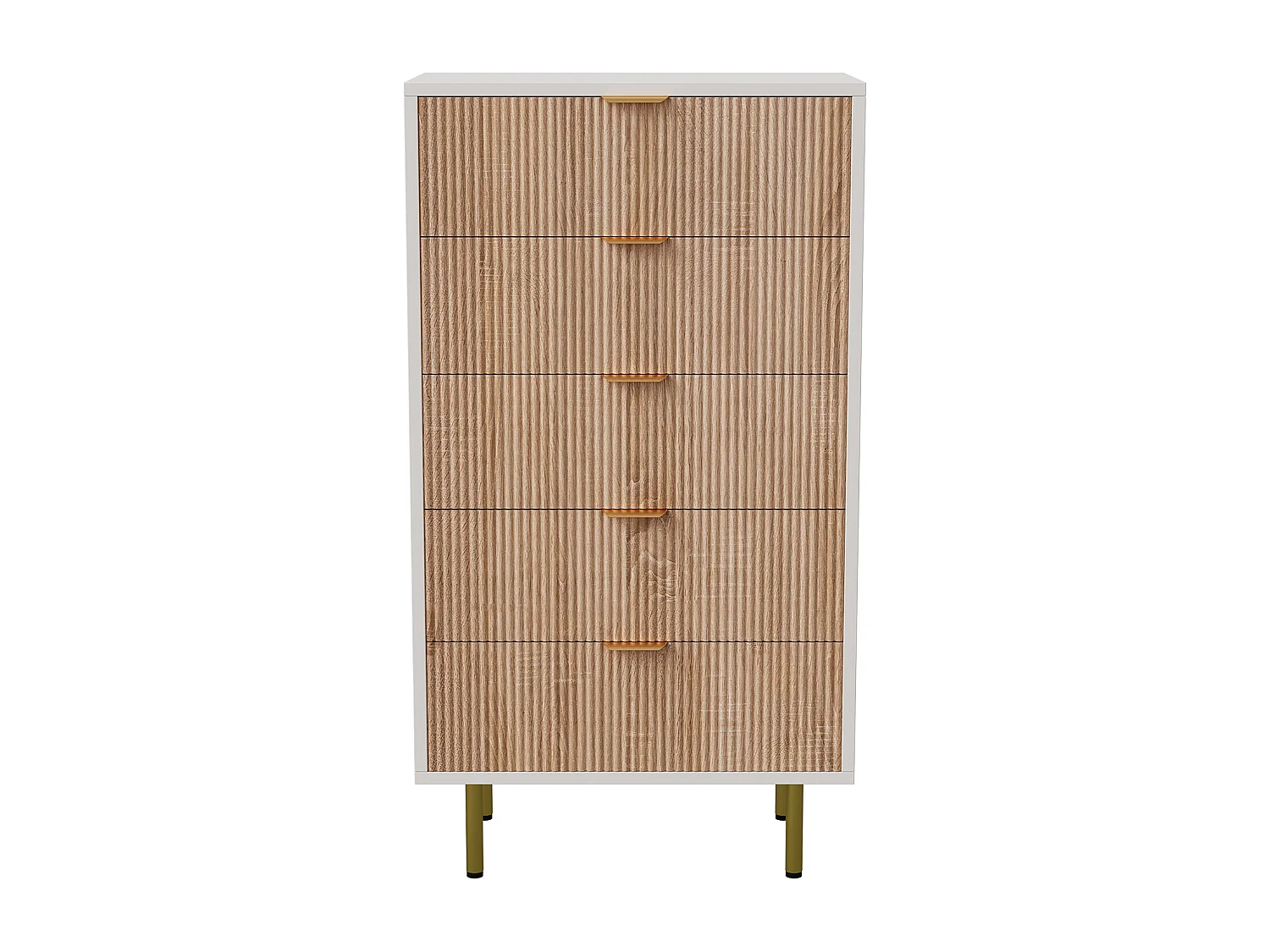 Commode 5  Effet Bois, style scandinave, 5 tiroirs, couleur bois naturel et blanc, 109x34x60 cm