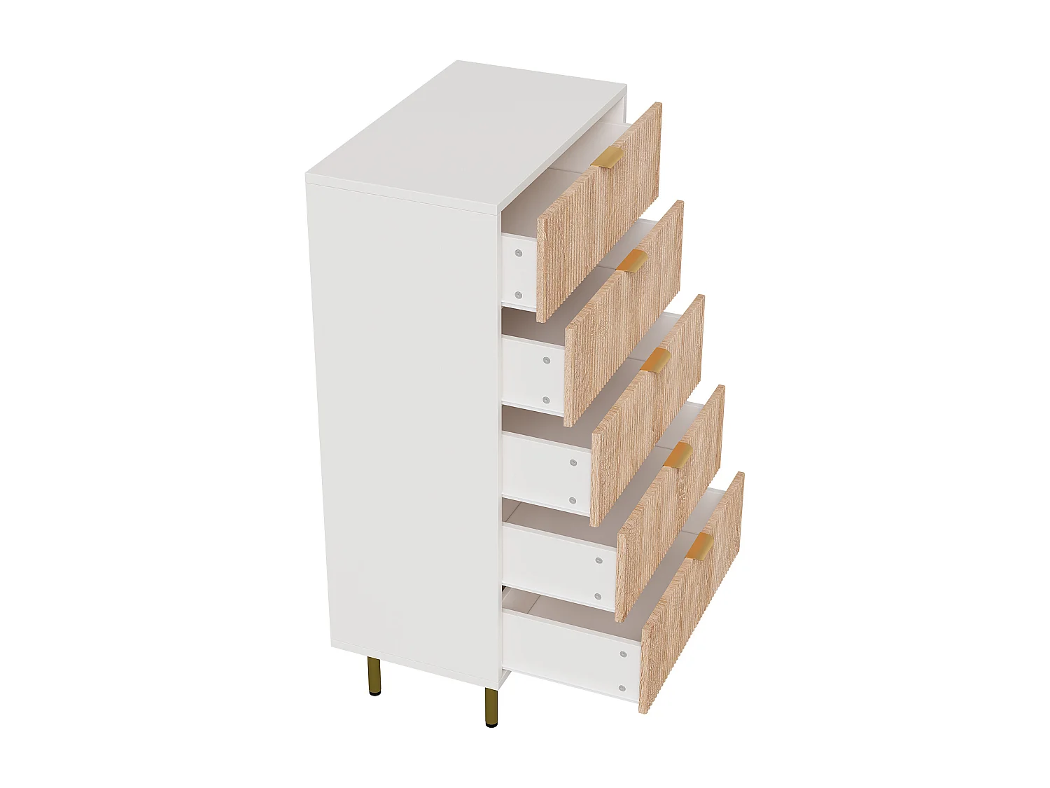 Commode 5  Effet Bois, style scandinave, 5 tiroirs, couleur bois naturel et blanc, 109x34x60 cm