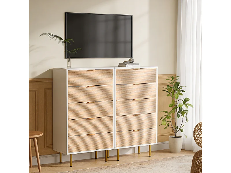 Commode 5  Effet Bois, style scandinave, 5 tiroirs, couleur bois naturel et blanc, 109x34x60 cm