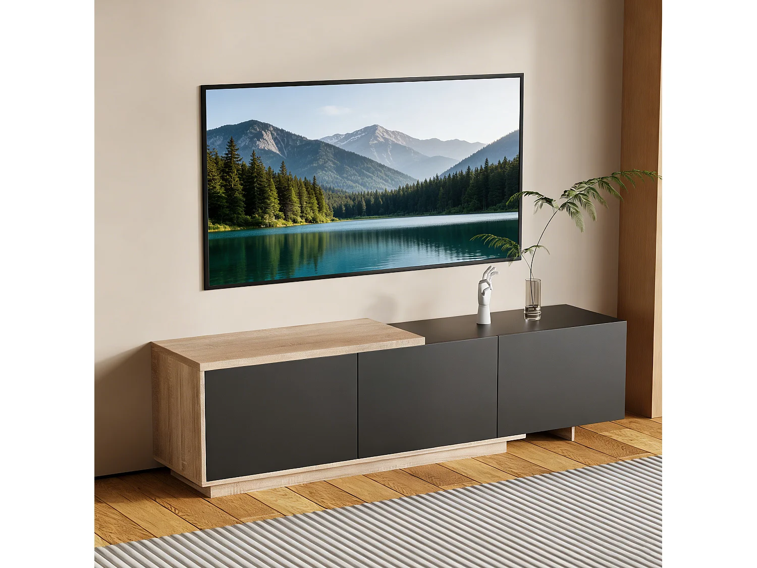 Meuble TV 3 tiroirs et 1 niche avec LED - MDF- 2 façons d'utilisation -Noir et naturel