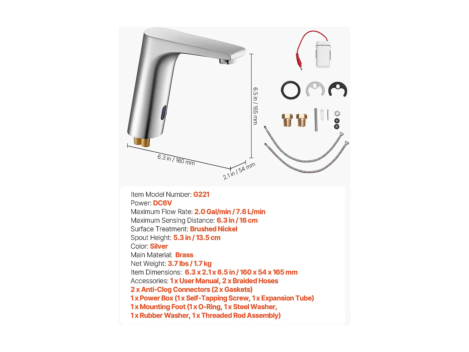 Mitigeur Automatique SucceBuy sans Contact, Robinet à Capteur de Lavabo, Mélangeur d’Eau Chaude et Froide Réglable Mains Libres, Poignée Unique, Argent