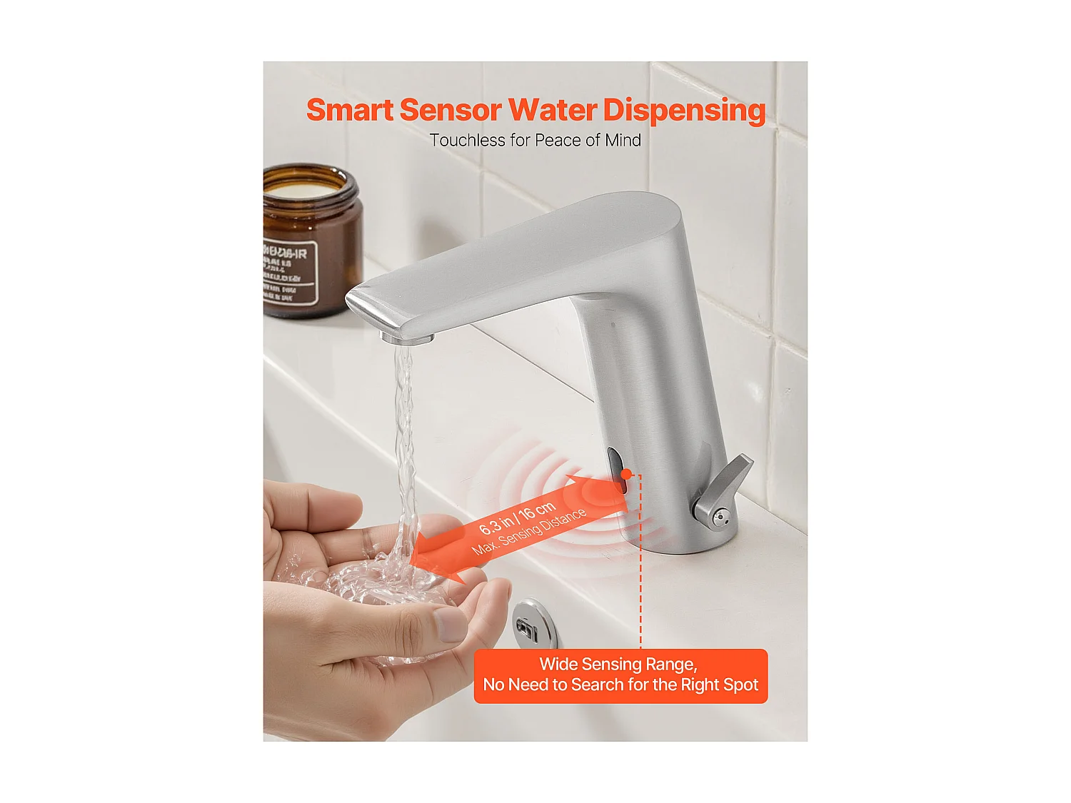 Mitigeur Automatique SucceBuy sans Contact, Robinet à Capteur de Lavabo, Mélangeur d’Eau Chaude et Froide Réglable Mains Libres, Poignée Unique, Argent