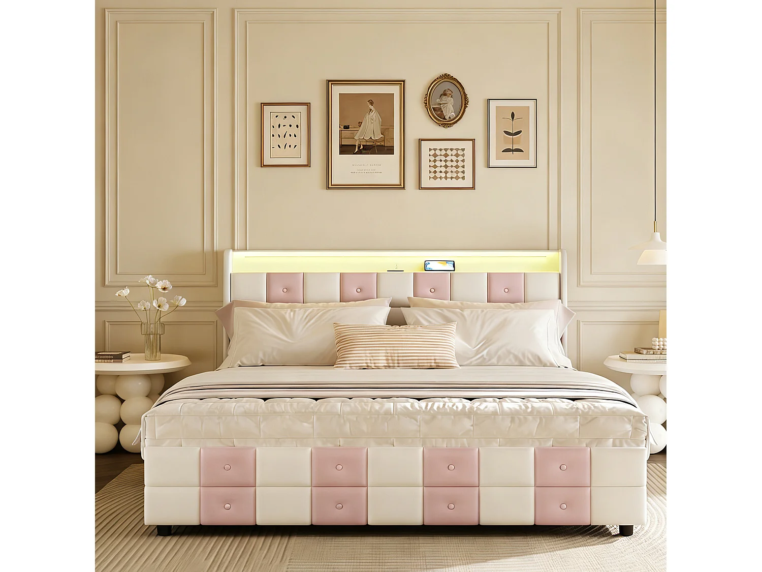 Lit adulte 140x200 tiroir - tissu velours - USB et Type C - lit double 140x200 cm avec sommier à latte - LED - Matelassage et boutons - blanc et rose