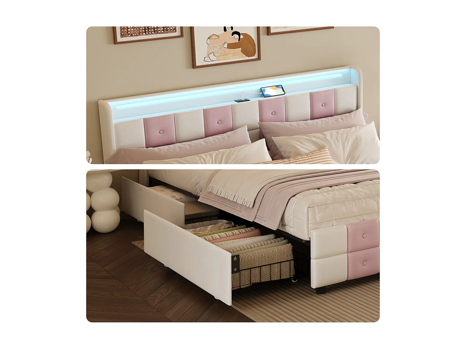 Lit adulte 140x200 tiroir - tissu velours - USB et Type C - lit double 140x200 cm avec sommier à latte - LED - Matelassage et boutons - blanc et rose
