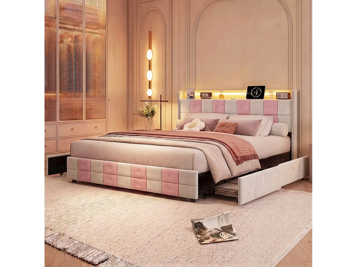 Lit double capitonné 140x200 cm avec tiroirs, sommier à lattes et tête de lit rembourrée avec LED, revêtement en velours blanc et rose