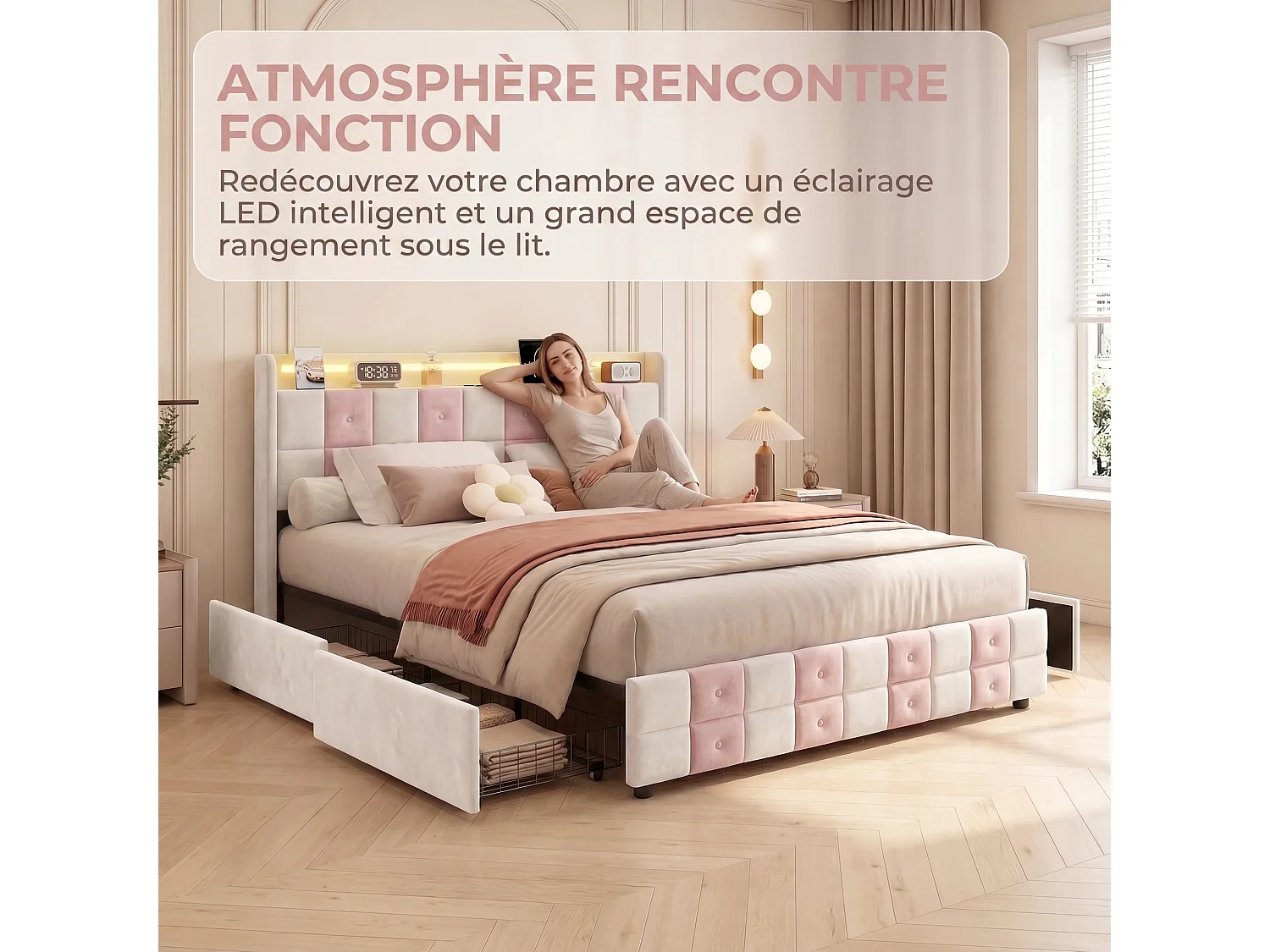 Lit double capitonné 140x200 cm avec tiroirs, sommier à lattes et tête de lit rembourrée avec LED, revêtement en velours blanc et rose