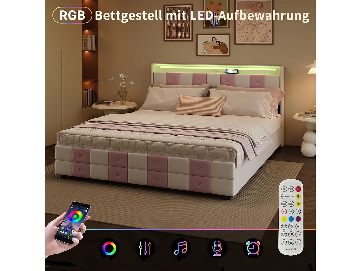 Lit double capitonné 140x200 cm avec tiroirs, sommier à lattes et tête de lit rembourrée avec LED, revêtement en velours blanc et rose